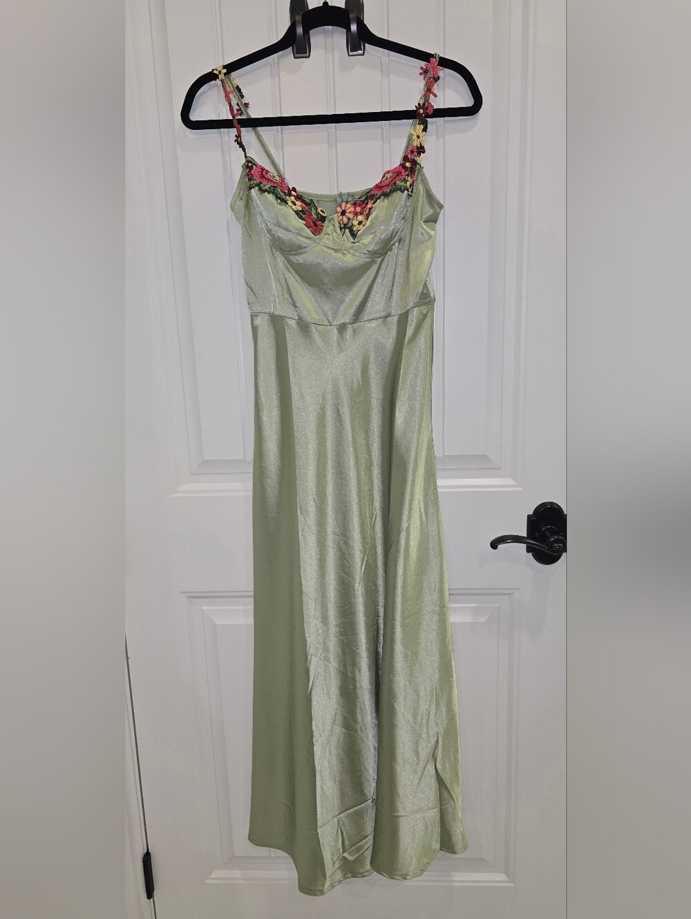 Satin Slip Dress with Floral Trim - Light Green